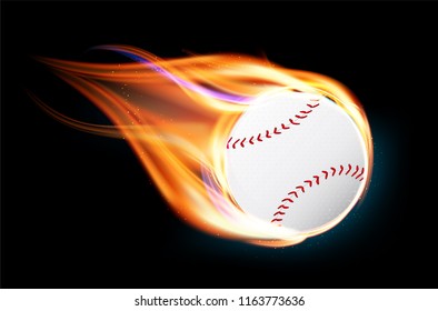 Flying and burning baseball ball on black background - vector illustration
