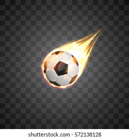 Flying burning football ball on transparent background.