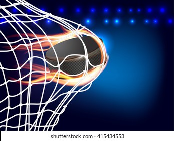 Flying Burning Hockey Puck In Goal - Place For Your Text. Vector Illustration.