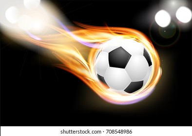 Flying burning soccer balloon and shiny lights on dark background with place for your text. Vector illustration.