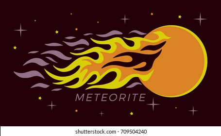 A flying burning space object on the background of the stars and infinite. Comet, asteroid, planetoid or meteorite in the fire with flame trajectory.Vector image for logo, emblem or print design.
