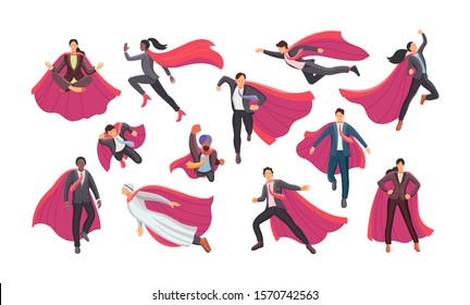 Flying business heroes. Set businessman and businesswoman superhero actions running flight. Super hero actions with different poses cartoon vector illustration