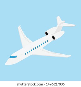 Flying Business jet airplane isolated on blue background isometric view.
