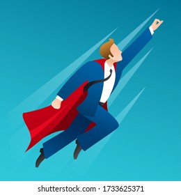 Flying up businessman. Business man superhero, working professional with hero power and red cloak fast fly to goals sky vector illustration