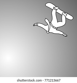 flying businessman on snowboard going to the goal vector illustration doodle sketch hand drawn with black lines isolated on gray background. Business concept.