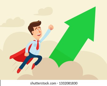 Flying businessman in the sky like a superhero. Charts growth up. Successful, effective manager concept. Business vector illustration, flat cartoon style.