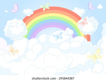Flying butterflies against the backdrop of the beautiful sky with rainbow