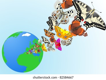 Flying butterflies against the backdrop of the globe.