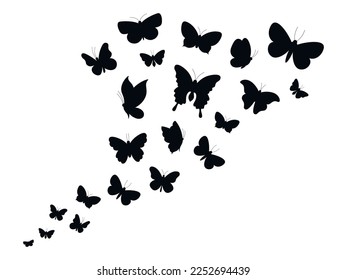 Flying butterflies black icons. Tattoo stencil silhouettes, spring butterfly graphics. Various insect fly up in sky, isolated garden insects racy vector background