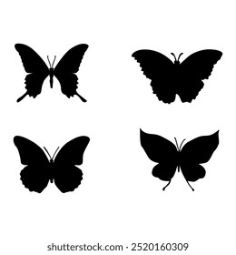 Flying butterflies black silhouette white background