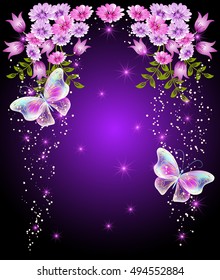 Flying butterflies with flowers and glowing stars. Greeting card.