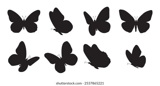 Fliegende Schmetterlinge Symbol Symbole schwarze Silhouette Vektorsatz. Verschiedene Schmetterlinge schwarzen Formen gesetzt. Design-Element für Druck, Symbol, Tattoo. Glühwürmchen und Schmetterlinge Symbole einzeln auf weißem Hintergrund.