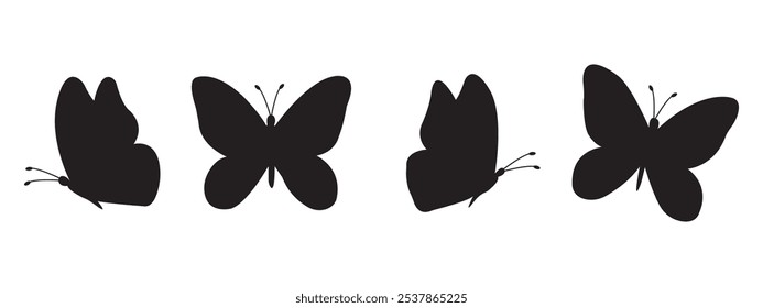 Flying butterflies icon symbols black silhouette vector set. Various butterflies black shapes set. Design element for print, icon, tattoo. fireflies and butterflies icons isolated on white background.