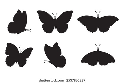 Flying butterflies icon symbols black silhouette vector set. Various butterflies black shapes set. Design element for print, icon, tattoo. fireflies and butterflies icons isolated on white background.