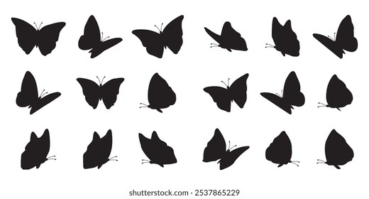 Flying butterflies icon symbols black silhouette vector set. Various butterflies black shapes set. Design element for print, icon, tattoo. fireflies and butterflies icons isolated on white background.