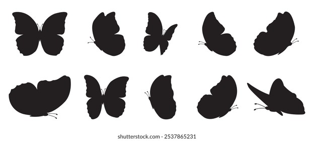 Flying butterflies icon symbols black silhouette vector set. Various butterflies black shapes set. Design element for print, icon, tattoo. fireflies and butterflies icons isolated on white background.