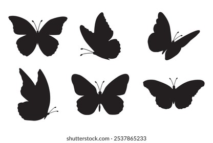 Fliegende Schmetterlinge Symbol Symbole schwarze Silhouette Vektorsatz. Verschiedene Schmetterlinge schwarzen Formen gesetzt. Design-Element für Druck, Symbol, Tattoo. Glühwürmchen und Schmetterlinge Symbole einzeln auf weißem Hintergrund.