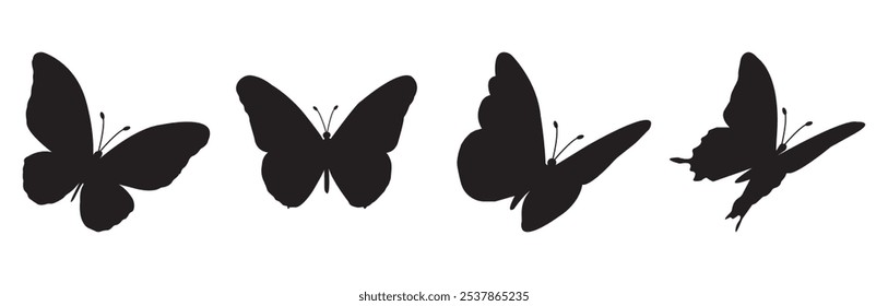 Flying butterflies icon symbols black silhouette vector set. Various butterflies black shapes set. Design element for print, icon, tattoo. fireflies and butterflies icons isolated on white background.