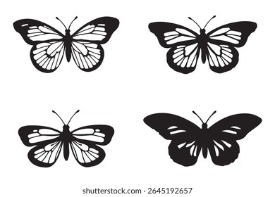 Flying butterflies icon symbols black silhouette vector set. Various butterflies black shapes set. Design element for print, icon, tattoo. fireflies and butterflies icons isolated on white background.