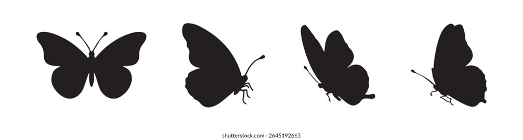 Flying butterflies icon symbols black silhouette vector set. Various butterflies black shapes set. Design element for print, icon, tattoo. fireflies and butterflies icons isolated on white background.