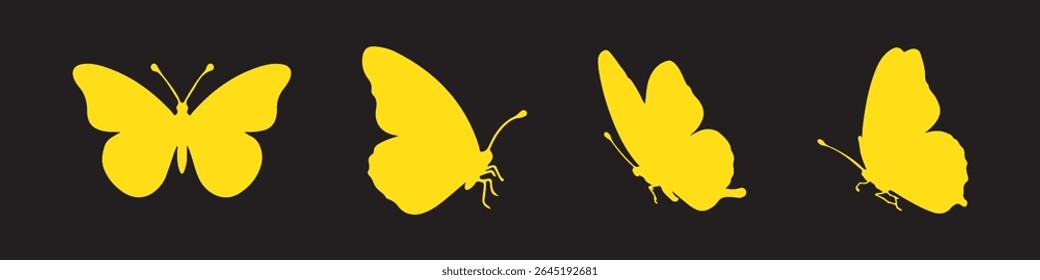 Flying butterflies icon symbols black silhouette vector set. Various butterflies black shapes set. Design element for print, icon, tattoo. fireflies and butterflies icons isolated on white background.
