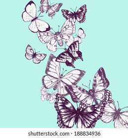 flying butterflies, ink drawing, vector illustration