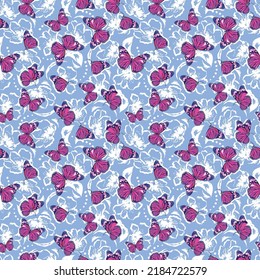 Flying Butterflies Layer on silhouette  Flowers ,leaves Seamless pattern Vector illustration,Design for fashion , fabric, textile, wallpaper, cover, web , wrapping and all prints 

