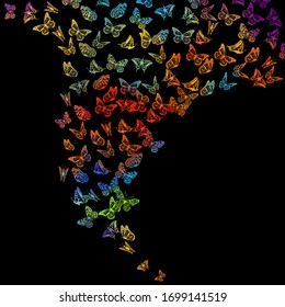 A lot of flying butterflies. Mixed media. Vector illustration