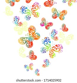 A lot of flying butterflies. Mixed media. Vector illustration