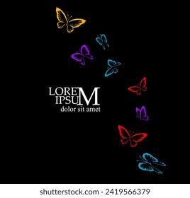 Flying butterflies on a black background. hand drawing. Not AI, Vector illustration