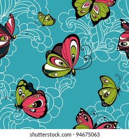 Flying butterflies on blue sky with white clouds seamless pattern