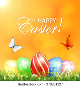 Flying butterflies on sunny Easter background with multicolored eggs in the grass, illustration.
