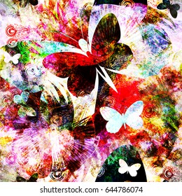 Flying butterflies over stylized floral pattern. Abstract seamless vector background for fabric, wrapping, home decor.