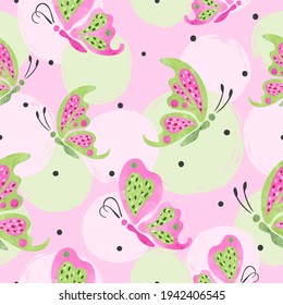 Flying butterflies pattern. Vector seamless pink and green illustration. Fashion print