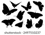 Flying butterflies silhouette black set isolated on white background. Set of butterfly in flight silhouettes. Set of butterflies. Butterfly silhouette icons set. Butterfly tattoo silhouettes.