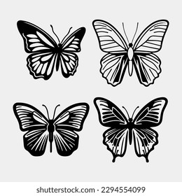 Flying butterflies silhouette black set isolated on transparent background