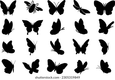 Flying butterflies silhouette black set isolated on transparent background