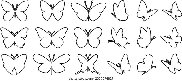 Flying butterflies silhouette black set isolated on white background