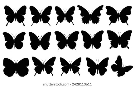 Flying butterflies silhouette black set isolated on white background