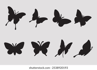 Flying butterflies silhouette black set isolated on white background. Set of butterfly in flight silhouettes. Set of butterflies.