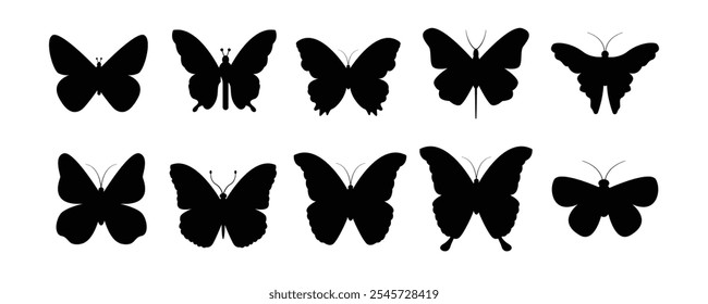 Flying butterflies silhouette black set isolated on white background. vector illustration