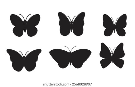 Flying butterflies silhouette black set isolated on white background	