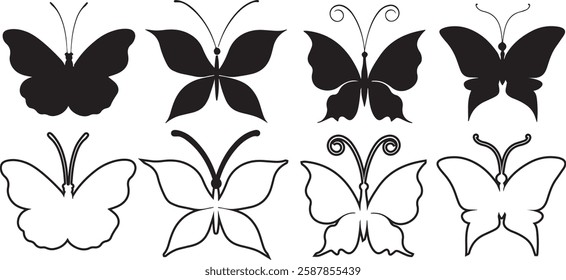 Flying butterflies silhouette black set isolated on white background