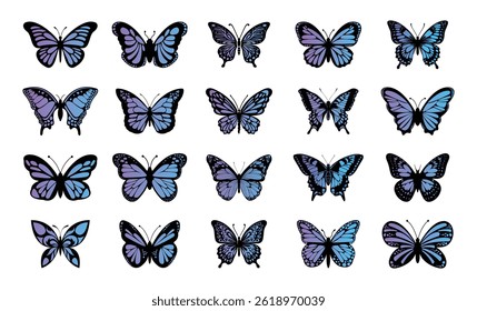 Flying butterflies silhouette black set isolated on white background 