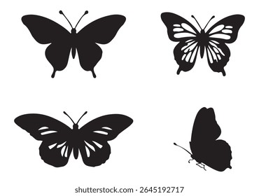 Borboletas voadoras silhueta preto conjunto isolado no fundo branco. Conjunto de borboletas em silhuetas de voo. Conjunto de borboletas. Conjunto de ícones de silhueta borboleta. Silhuetas de tatuagem de borboleta