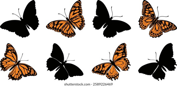 Flying butterflies silhouette and color set isolated on transparent background