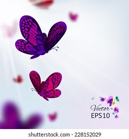 Flying butterflies in the sunshine. Vector illustration for your card or banner design.