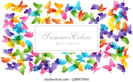 Flying butterflies. Vector decoration element. Rainbow background.