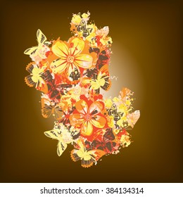 Flying butterflies vector vintage background with flowers. Makhaon. Elegance fermale pattern