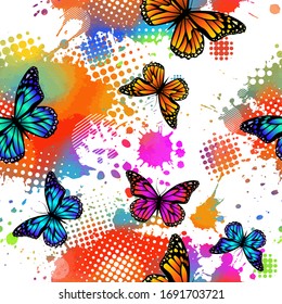 Flying butterflies in watercolor. Seamless background. Mixed media. Vector illustration